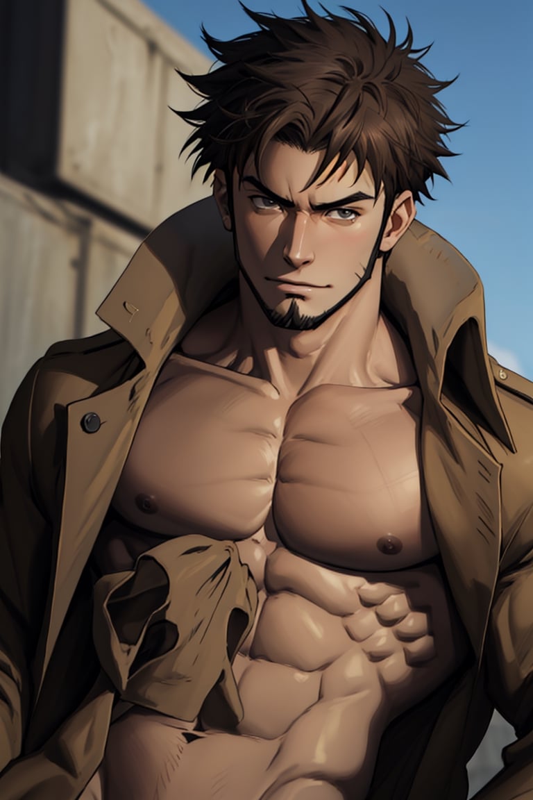 solo male, Genma Shizume, Asian, Japanese, black hair, chinstrap beard, sideburns, black eyes, calm eyes, slitty eyes, intense gaze, (topless, bare chest, bare neck, bare belly), (light brown trench coat, open trench coat:1.2), black pants, black gloves, mature, masculine, handsome, charming, allurin, smile, upper body, perfect anatomy, perfect proportions, (best quality, masterpiece, high_resolution:1.3), (perfect eyes, perfecteyes:1.3),perfecteyes