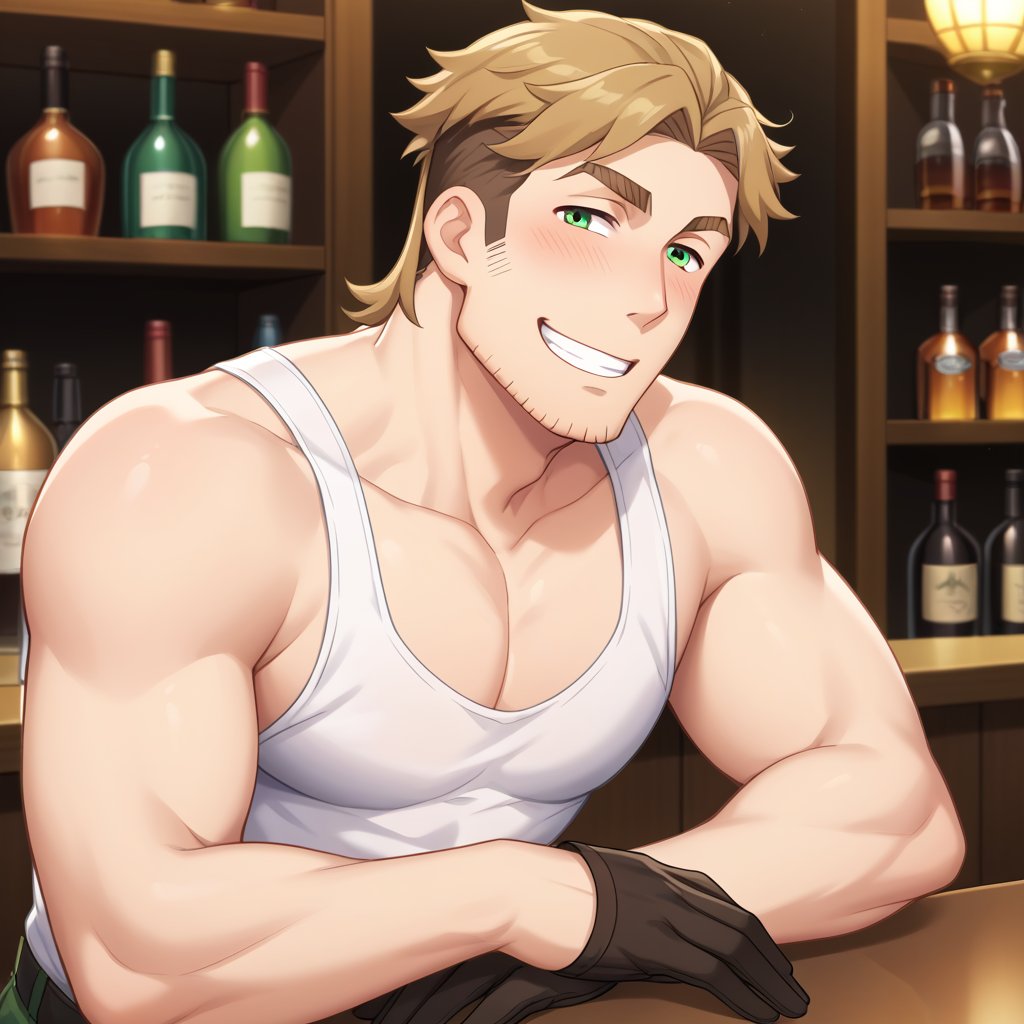 score_9, score_8_up, score_7_up, score_6_up, perfect anatomy, perfect proportions, best quality, masterpiece, high_resolution, high quality, solo male, Gagumber, brown hair, two-tone hair, sideburns, facial hair, stubble, green eyes, thick eyebrows, white tank top, bare shoulders, bare arms, black gloves, green work pants, sitting, adult, mature, masculine, manly, handsome, charming, alluring, happy, open mouth, grin, blush, horny, ((upper body)), view from side, bar, indoor