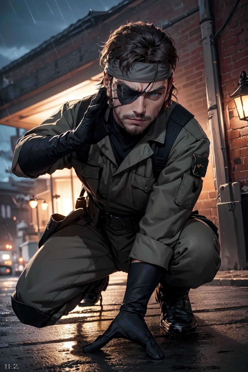 (1 image only), solo male, 1boy, Big Boss, Metal Gear Solid, bslue eyes, brown hair, facial hair, (single eyepatch), (grey headband:1.3), clothing, handsome, mature, charming, alluring, full body in frame, perfect anatomy, perfect proportions, 8k, HQ, (best quality:1.2, hyperrealistic:1.2, photorealistic:1.2, masterpiece:1.3, madly detailed photo:1.2), (hyper-realistic lifelike texture:1.2, realistic eyes:1.2), high_resolution, perfect eye pupil, dutch angle, dynamic, action, raining, night, military base, sneaking pose, genuflect