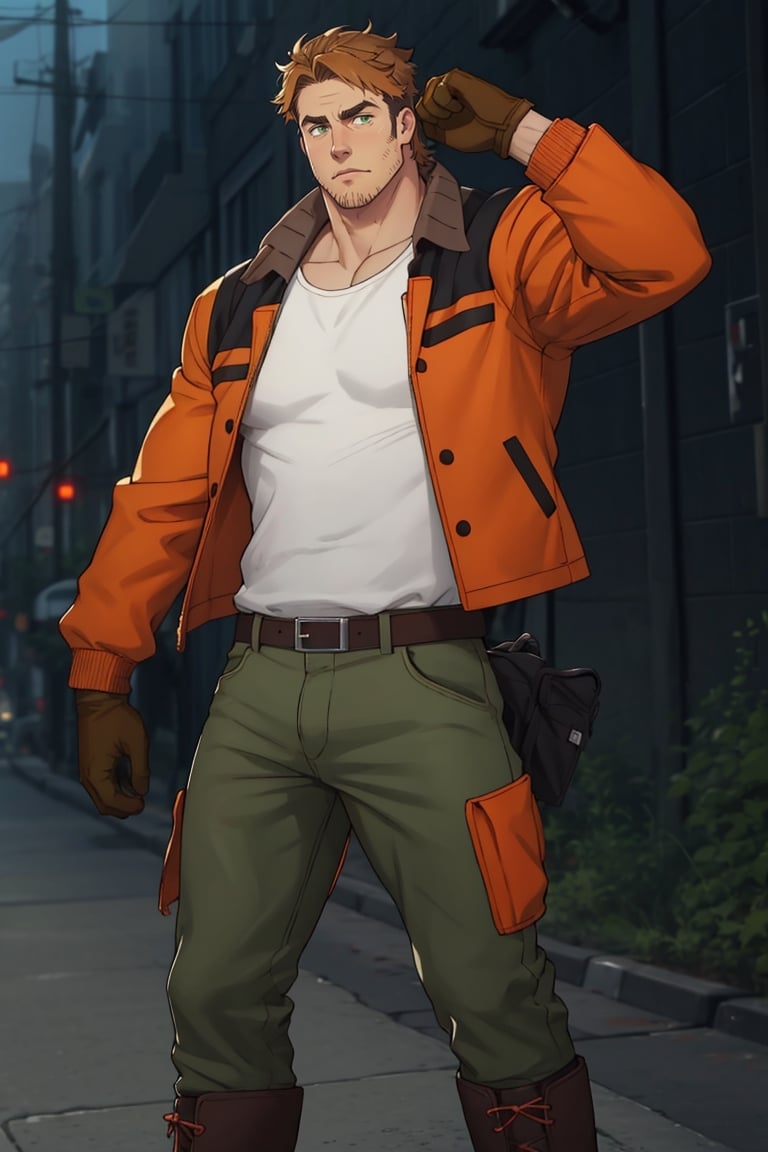 (1 image only), solo male, Gagumber, Sakugan, physical laborer worker, brown hair, two-tone hair, stubble, sideburns, green eyes, thick eyebrows, white tank top, (orange High-visibility jacket), open jacket, green work pants, black boots, black gloves, mase-up), perfect anatomy, perfect proportions, best quality, masterpiece high_resolution, dutch angle, detailed background