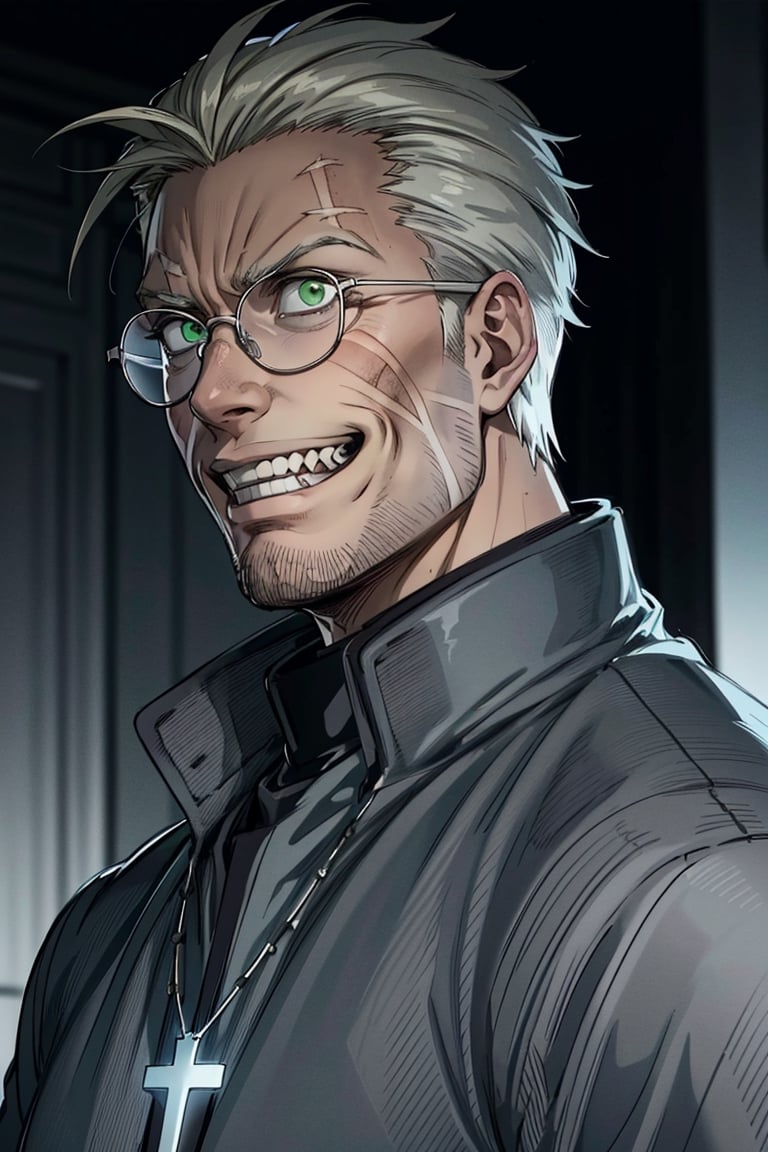 solo male, Alexander Anderson, Hellsing, Catholic priest, short silver-blond hair, green eyes, tanned skin, defined squared jaw, light facial hair, wedge-shaped scar on left cheek, round glasses, opaque glasses, glowing glasses, black clerical collar shirt with blue trim, (open grey coat:1.5), open coat, white gloves, silver cross necklace, (single cross, accurate cross:1.2), mature, middle-aged, imposing, tall, handsome, charming, alluring, ((crazy eyes, evil grin)), (portrait, close-up, face focus), face only, perfect anatomy, perfect proportions, best quality, masterpiece, high_resolution, dutch angle, photo background, Vatican City, indoor