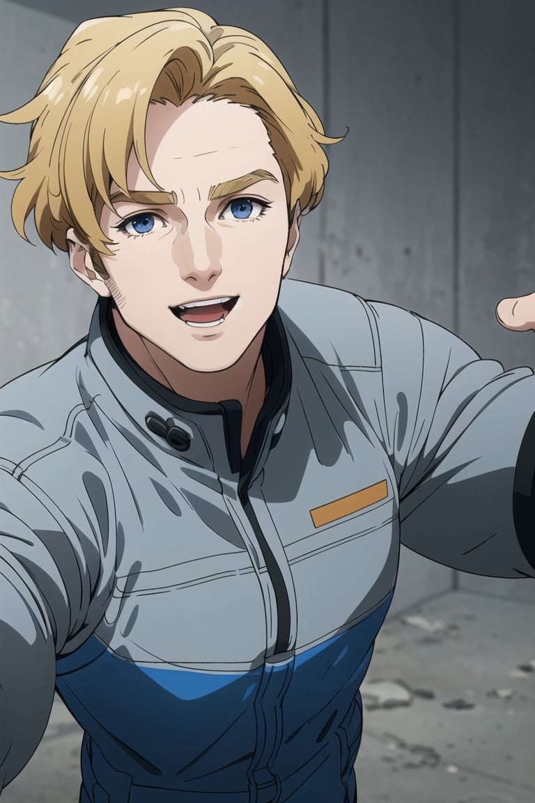 solo male, Lewis Smith \(Brave Bang Bravern\), blond hair, short hair, (blue eyes), (((grey pilot jumpsuit, gray pilot jumpsuit, grey sleeves)), (pov, portrait, close-up, headshot, looking at viewer), extend hand to viewer, mature, handsome, charming, alluring, muscular, beefy, happy, smile, open mouth, affectionate eyes, standing, upper body, perfect anatomy, perfect proportions, best quality, masterpiece, high_resolution, dutch angle, cowboy shot, simple background, 