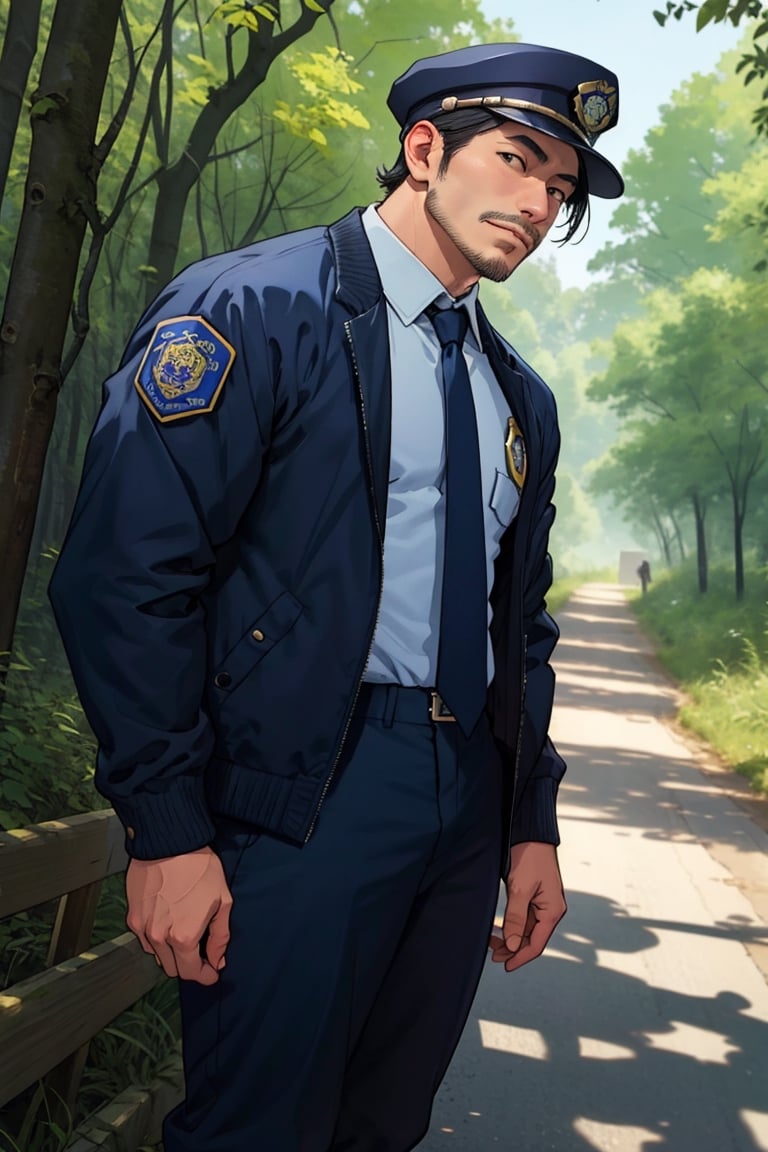 (1 image only), solo male, Agawa Daigo, Gannibal, Asian ,Japanese, black hair, short hair, (stubble), black eyes, policeman, white collared shirt, dark blue necktie, black jacket, long sleeves, buttoned up jacket, dark blue pants, black shoes, Japanese police peaked cap, mature, handsome, charming, alluring, perfect anatomy, perfect proportions, (best quality, masterpiece), (perfect eyes), perfect hands, high_resolution, dutch angle, cowboy shot, rural .pastoral, forest, creep, suspense
