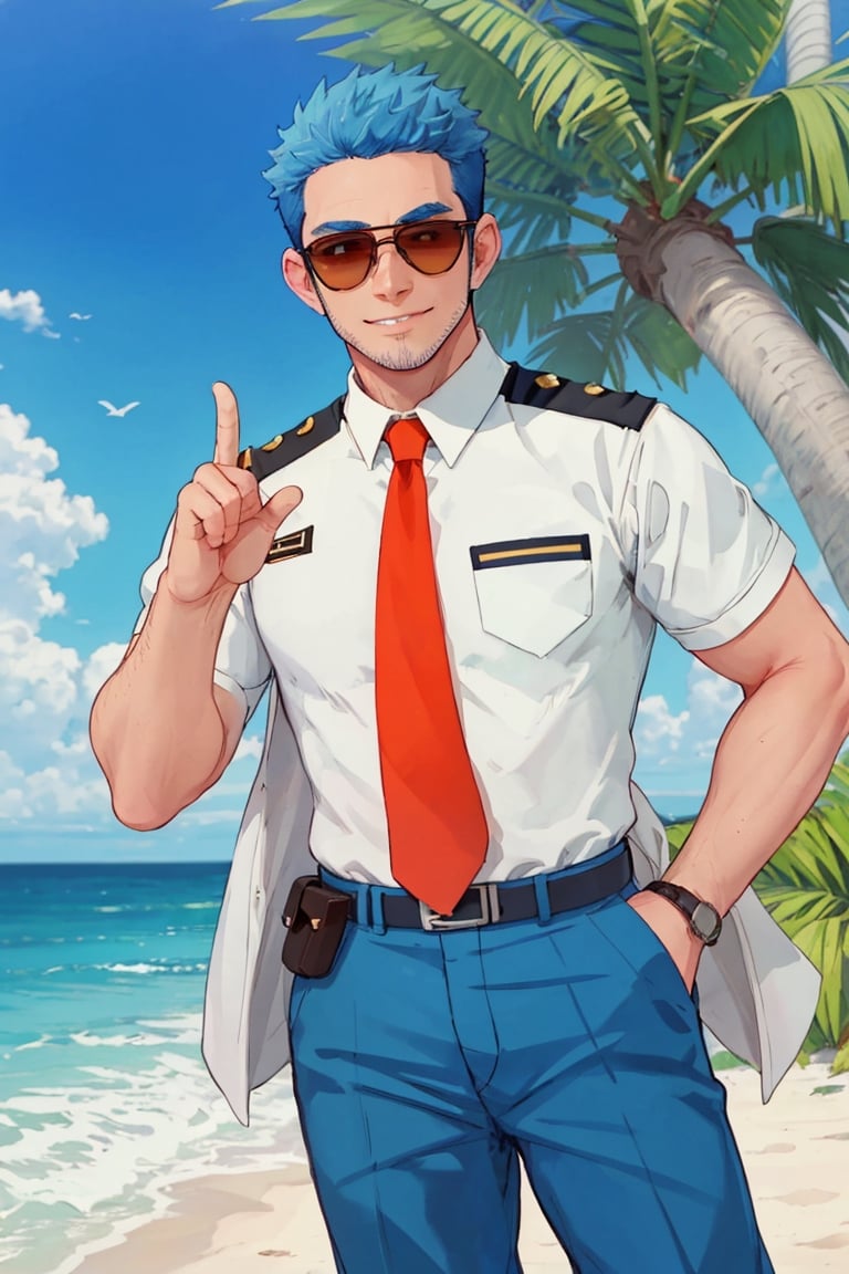 (1 image only), solo male, Wilbur, Animal Crossing, personification, pure blue hair, short hair, black eyes, blue facial hair, jawline stubble, aviation pilot uniform, white collor shirt, red necktie, epaulette, aviator sunglasses, blue pants, socks, black footwear, bandaid on nose, mature, dilf, bara, handsome, charming, alluring, grin, standing, upper body, hand in pocket, (two-finger salute:1.2), perfect anatomy, perfect proportions, (best quality, masterpiece), (perfect eyes, perfect eye pupil), perfect hands, high_resolution, dutch angle, cowboy shot, seaside, summer