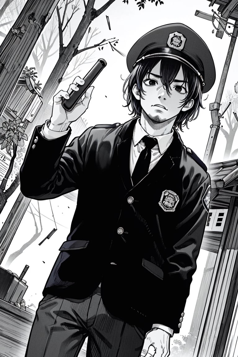 (1 image only), solo male, Agawa Daigo, Gannibal, Asian ,Japanese, black hair, short hair, stubble, black eyes, policeman, white collared shirt, dark blue necktie, black jacket, long sleeves, buttoned up jacket, dark blue pants, black shoes, Japanese police peaked cap, mature, handsome, charming, alluring, perfect anatomy, perfect proportions, (best quality, masterpiece), (perfect eyes), perfect hands, high_resolution, dutch angle, cowboy shot, rural .pastoral, forest, creep, suspense, horror, manga, greyscale, monochrome,boichi manga style