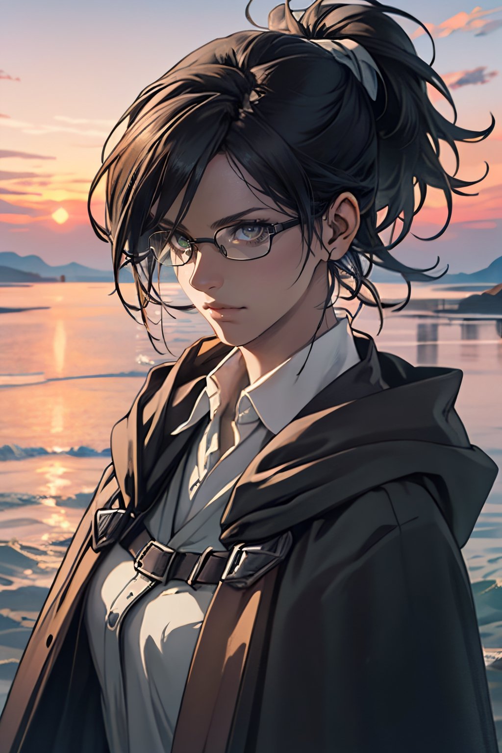 1 girl, HangeAOT, dark brown hair, messy high ponytail, light brown eyes, pure white collared shirt, (green scouts cloak:1.2), glasses, (black eye patch on left eye), fit body, mature, 35 years old, charming, alluring, (standing), (upper body in frame), simple background, endless ocean, pink cloudy sky, dawn, 1910s harbor, only1 image, perfect anatomy, perfect proportions, perfect perspective, 8k, HQ, (best quality:1.5, hyperrealistic:1.5, photorealistic:1.4, madly detailed CG unity 8k wallpaper:1.5, masterpiece:1.3, madly detailed photo:1.2), (hyper-realistic lifelike texture:1.4, realistic eyes:1.2), picture-perfect face, perfect eye pupil, detailed eyes, realistic, HD, UHD, (front view, symmetrical picture, vertical symmetry:1.2), look at viewer,AttackonTitan,HangeAOT, survey military uniform