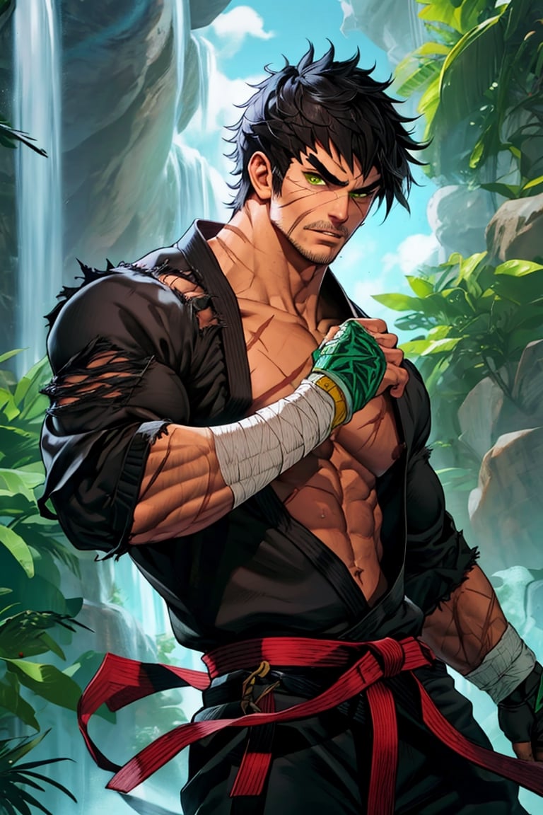 solo male, Grappler, Dungeon Fighter Online, black hair, short hair, brown eyes, thick eyebrows, forked eyebrows, stubble, green eyes, scars on face, scar on cheek, scar on chest, pectorals, pectoral cleavage, rn black dougi, black pants, red martial arts belt, yellow fingerless gloves, barefoot, bandaged hand, toned male, mature, masculine, hunk, handsome, charming, alluring, blush, shy, serious, fighting stance, upper body, perfect anatomy, perfect proportions, ((perfect eyes, perfect, parfect fingers)), best quality, masterpiece, high_resolution, dutch angle, cowboy shot, photo background, (looking outside)