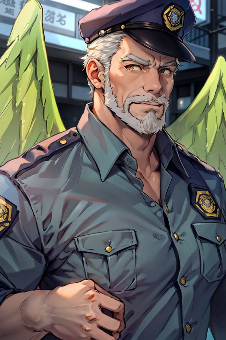 (1 image only), solo male, bara, Hogen, Tokyo Afterschool Summoners, Asain, Japanese, Tengu, old man, white hair, short hair, gold eyes, thick eyebrows, white facial hair, white beard, Japanese police uniform, Japanese police hat, pure aqua-color collared shirt, pure aqua-color sleeves, mature, handsome, charming, alluring, standing, upper body in frame, perfect anatomy, perfect proportions, 2D, anime, (best quality, masterpiece), (perfect eyes, perfect eye pupil), high_resolution, dutch angle, (Tokyo city street), better_hands, green wings