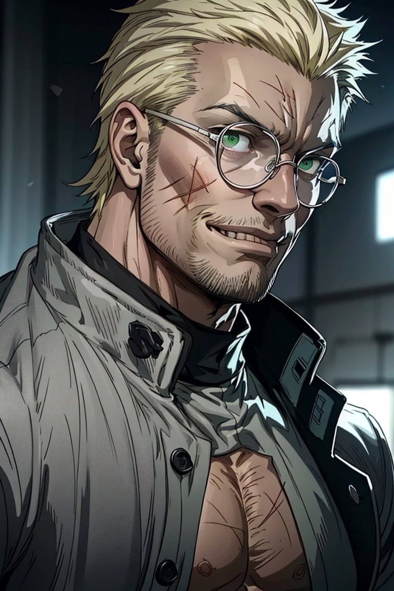 solo male, Alexander Anderson, Hellsing, Catholic priest, short silver-blond hair, green eyes, tanned skin, defined squared jaw, light facial hair, wedge-shaped scar on left cheek, round glasses, (topless. bare chest, bare neck, bare belly), (grey coat, open coat:1.2), mature, middle-aged, imposing, tall, handsome, charming, alluring, slight smile, calm, kindly, affableㄝ(portrait, close-up, face focus), face only, perfect anatomy, perfect proportions, best quality, masterpiece, high_resolution, dutch angle, photo background, Vatican City, indoor