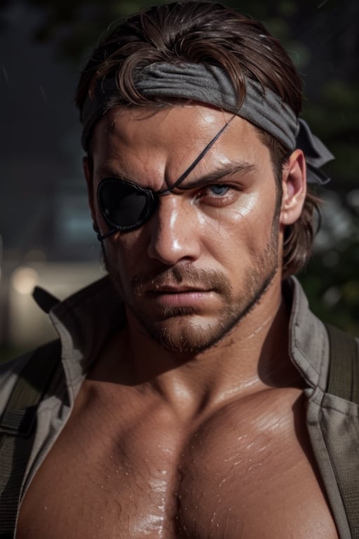 (1 image only), solo male, 1boy, Big Boss, Metal Gear Solid, bslue eyes, brown hair, facial hair, (single eyepatch), (grey headband:1.3), clothing, handsome, mature, charming, alluring, upper body in frame, perfect anatomy, perfect proportions, 8k, HQ, (best quality:1.2, hyperrealistic:1.2, photorealistic:1.2, masterpiece:1.3, madly detailed photo:1.2), (hyper-realistic lifelike texture:1.2, realistic eyes:1.2), high_resolution, perfect eye pupil, dutch angle, dynamic, action, raining, night