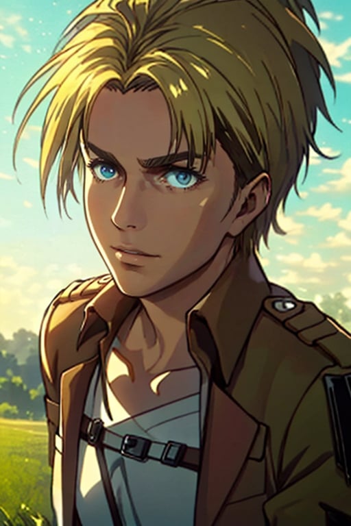 1girl, solo, Nanaba, Attack on Titan, blue eyes, wore standard Survey Corps uniform with a light-colored v-neck underneath, (blond hair) short light hair, petite build, beautiful, handsome female, charming, alluring, gentle expression, soft expression, calm, smile (standing), (upper body in frame), simple background, green plains, sky, dawn light, cinematic light, perfect anatomy, perfect proportions, 8k, HQ, HD, UHD, (best quality:1.5, hyperrealistic:1.5, photorealistic:1.4, madly detailed CG unity 8k wallpaper:1.5, masterpiece:1.3, madly detailed photo:1.2), (hyper-realistic lifelike texture:1.4, realistic eyes:1.2), picture-perfect face, perfect eye pupil, detailed eyes, dynamic, (dutch angle), (sode view), AttackonTitan,perfecteyes, Nanaba ,1 girl