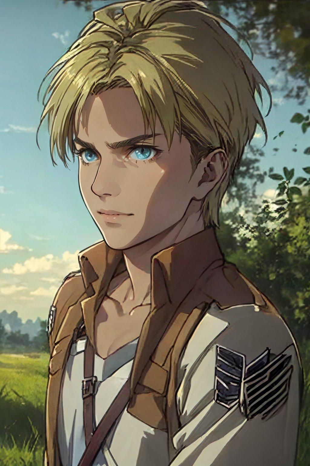 1girl, solo, Nanaba, Attack on Titan, blue eyes, wore standard Survey Corps uniform with a light-colored v-neck underneath, (blond hair) short light hair, petite build, beautiful, handsome, charming, alluring, gentle expression, soft expression, calm, smile (standing), (upper body in frame), simple background, green plains, sky, dawn light, cinematic light, perfect anatomy, perfect proportions, 8k, HQ, HD, UHD, (best quality:1.5, hyperrealistic:1.5, photorealistic:1.4, madly detailed CG unity 8k wallpaper:1.5, masterpiece:1.3, madly detailed photo:1.2), (hyper-realistic lifelike texture:1.4, realistic eyes:1.2), picture-perfect face, perfect eye pupil, detailed eyes, dynamic, dutch angle, (sode view), AttackonTitan