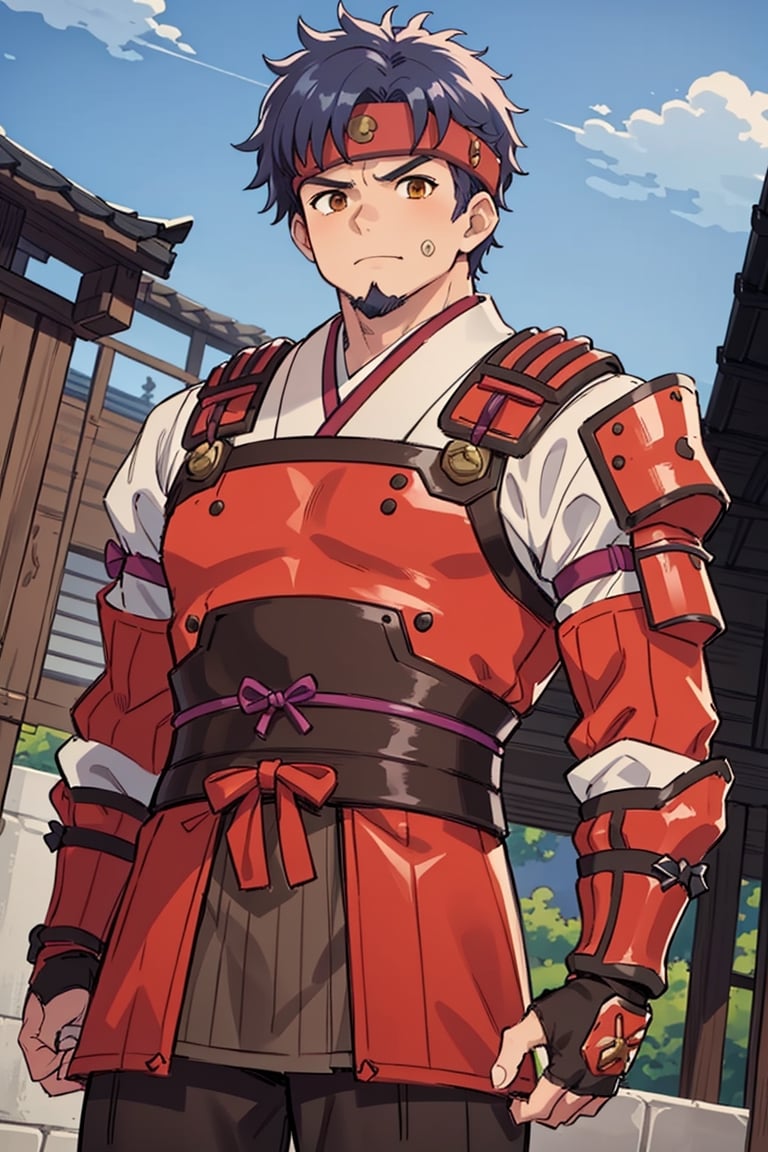 solo male, Kibito Araka, Kabaneri of the Iron Fortress, short hair, dark blue hair, brown-golden eyes, goatee, muscular build, tall, samurai armor, white Juban \(kimono\)
, (orange Haidate \(armored Skirt\)), orange plated cuirass, red waistband, padded sleeves, khaki pants, brown gauntlet, fingerless gauntlet, purple armored faceplate, black puttee, sandals, mature, handsome, charming, alluring, standing, upper body, perfect anatomy, perfect proportions, best quality, masterpiece, high_resolution, dutch angle, cowboy shot, photo background,1boy