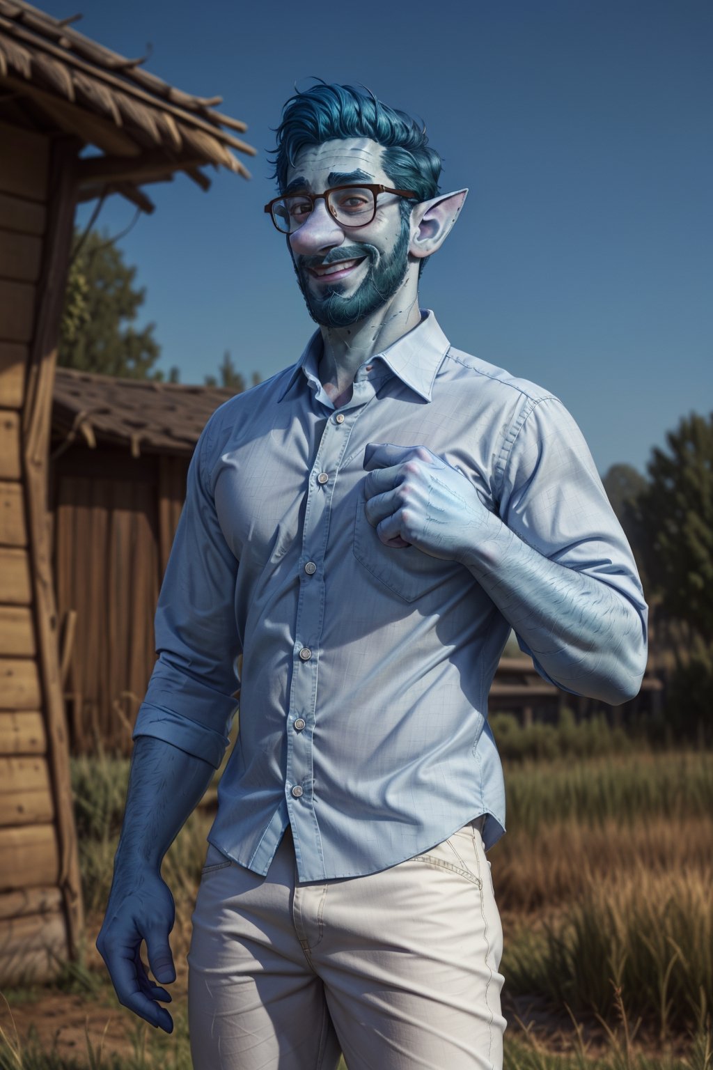 (1 image only), solo male, Wilden Lightfoot, Pixar Animation Onward, (blue skin:1.2), dark blue hair, short hair, brown eyes, thick eyebrows, pointy ears, facial hair, beard, black-framed-glasses, (white collared shirt:1.2), khaki pants, mature, bara, dilf, handsome, charming, alluring, smile, standing, upper body, perfect anatomy, perfect proportions, (best quality, masterpiece), (perfect eyes, perfect eye pupil), perfect hands, high_resolution, dutch angle, cowboy shot, green field