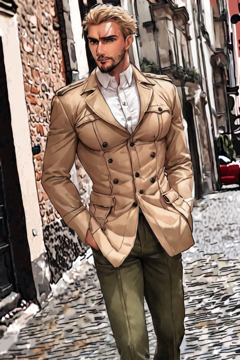 solo male, Reiner Braun, Attack on Titan, blond hair, short hair, stubble, hazel eyes, tall, Marleyan soldier uniform, white collared shirt, light-brown trench coat, open coat, military green pants, black combat boots,  handsome, charming, alluring, standing, upper body, perfect anatomy, perfect proportions, best quality, masterpiece, high_resolution, dutch angle, cowboy shot, photo background