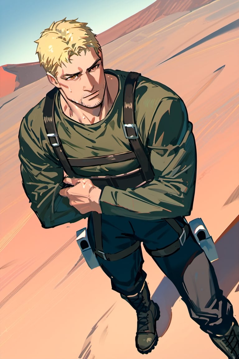 score_9, score_8_up, score_7_up, solo male, , Reiner Braun, blond hair, short hair, stubble, facial hair, hazel eyes, thin eyebrows, grey-green undershirt, long sleeves, wet shirt, long sleeves, black pants, three-dimensional maneuver gear, black combat boots, handsome, charming, alluring, full body, perfect anatomy, perfect proportions, best quality, masterpiece, high_resolution, dutch angle, cowboy shot, red rock desert background