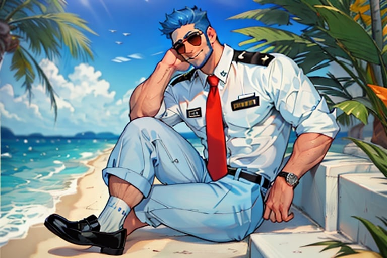 (1 image only), solo male, Wilbur, Animal Crossing, personification, blue hair, short hair, blue facial hair, jawline stubble, black eyes, (aviator sunglasses), aviation pilot uniform, white collor shirt, red necktie, epaulette, blue pants, socks, black footwear, mature, bara, handsome, charming, alluring, smile, shy, blush, large pectorals, (on all four, pov:1.2), looking at viewer, perfect anatomy, perfect proportions, (best quality, masterpiece), (perfect eyes, perfect eye pupil), perfect hands, high_resolution, seaside, summer
