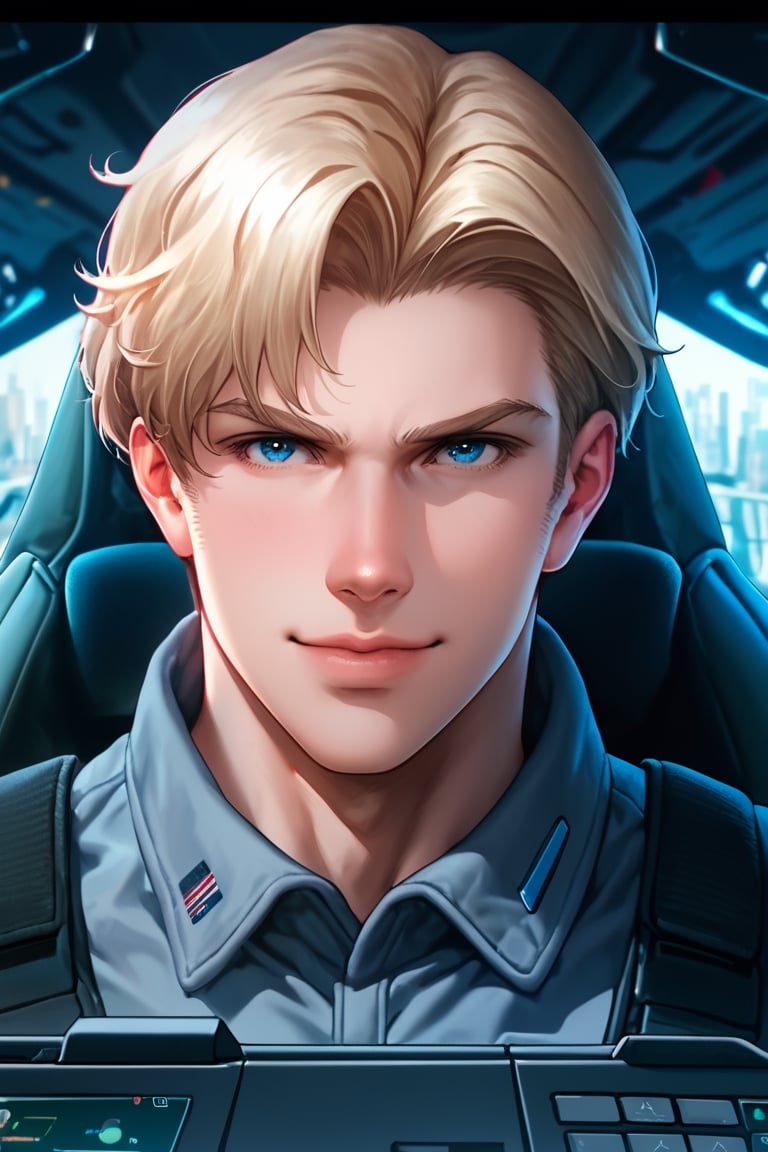 score_9,score_8_up,score_7_up, solo male, Lewis Smith, (blond hair), short hair, blue eyes, sideburns, (grey pilot jumpsuit, grey sleeves), (black tactical vest), mecha cockpit, (close-up, headshot:1.5), from front, mature, handsome, charming, alluring, (masculine, manly, hunk, beefy:1.3), intense eyes, v-shaped eyebrows, smile, look at viewer, sitting, huge industrial mecha, mecha cockpit, operator's seat, throttle, joystick, seatbelt, multiple monitor screen, perfect anatomy, perfect proportions, best quality, masterpiece, high_resolution, (symmetrical picture, front view:1.5), photo background, science fiction, mecha, multiple monitors, cinematic, war, mecha, robot, cinematic still, emotional, harmonious, vignette, bokeh, cinemascope, moody, epic, gorgeous, city ruins, inside the mecha 