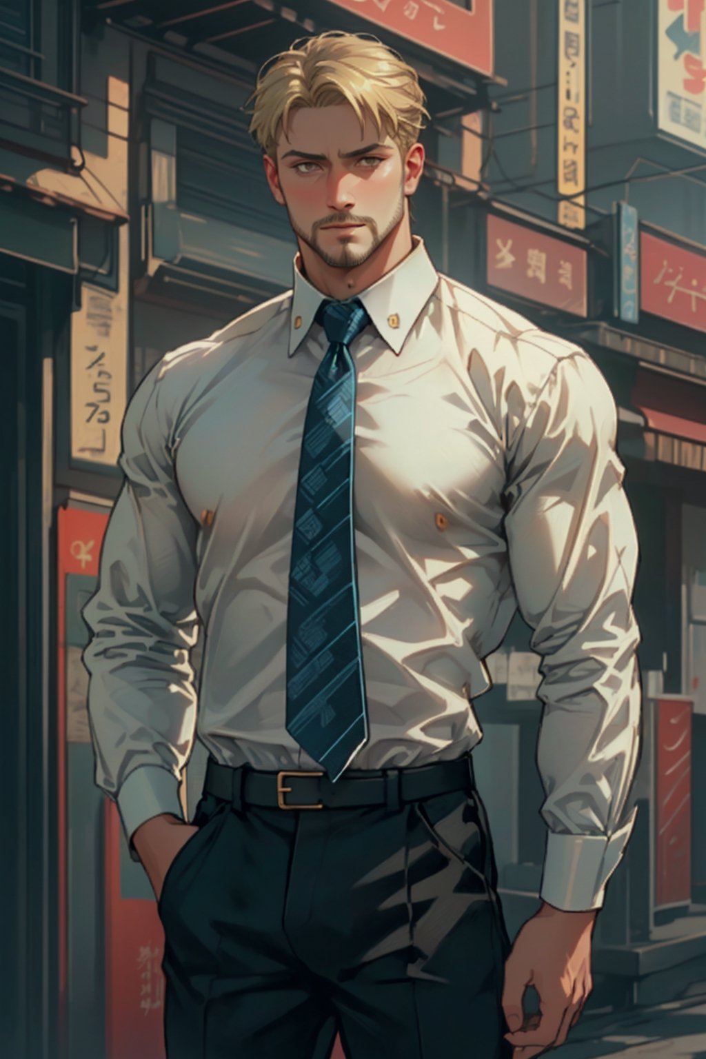 (1 image only), solo male, reiner braun, hazel eyes, blond hair, short hair, bare forehead, (facial hair, stubble), (pure light-blue collared shirt1.2, deep-blue necktie:1.2, black pants), (tucked-in shirts), mature, manly, hunk, masculine, virile, confidence, charming, alluring, slight smile, standing, upper body in frame, (1920s artdeco style luxury black and gold pattern background:1.2), perfect anatomy, perfect proportions, 8k, HQ, (best quality:1.5, hyperrealistic:1.5, photorealistic:1.4, madly detailed CG unity 8k wallpaper:1.5, masterpiece:1.3, madly detailed photo:1.2), (hyper-realistic lifelike texture:1.4, realistic eyes:1.2), picture-perfect face, perfect eye pupil, detailed eyes,perfecteyes,neon_nouveau