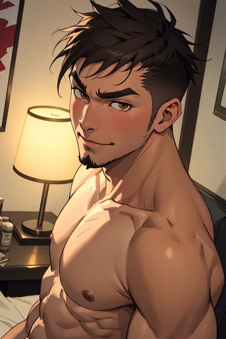 (1 image only), solo male, Jay Chiang, Asian, Taiwanese, hotel room, 2d, anime, flat, black hair, short hair, high fade, goatee, thick eyebrows, (brown eyes),  (topless, shirtless), (portrait, close-up), smirk, blush, mature, handsome, charming, alluring, portrait, perfect anatomy, perfect proportions, (best quality, masterpiece), (perfect eyes:1.2), high_resolution, dutch angle 