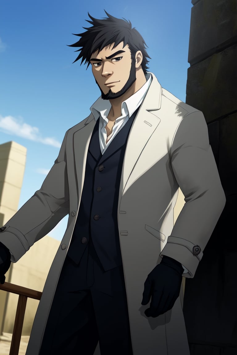 solo male, Genma Shizume, Asian, Japanese, black hair, chinstrap beard, sideburns, black eyes, (white collared shirt, black neckti, black jacket), ((brown overcoat, open overcoat)), black pants, black gloves, mature, handsome, charming, allurin, smile, standing, upper body, perfect anatomy, perfect proportions, (best quality, masterpiece, high_resolution:1.3), perfect eyes, dutch angle, cowboy shot