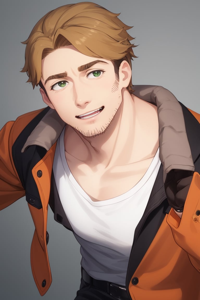 (1 image only), solo male, Gagumber, Sakugan, physical laborer worker, brown hair, two-tone hair, stubble, sideburns, green eyes, thick eyebrows, (white tank top), (orange High-visibility jacket), open jacket, green work pants, black boots, black gloves, mature, handsome, charming, alluring, smile, ((portrait, close-up)), perfect anatomy, perfect proportions, high_resolution, dutch angle, detailed background,masterpiece