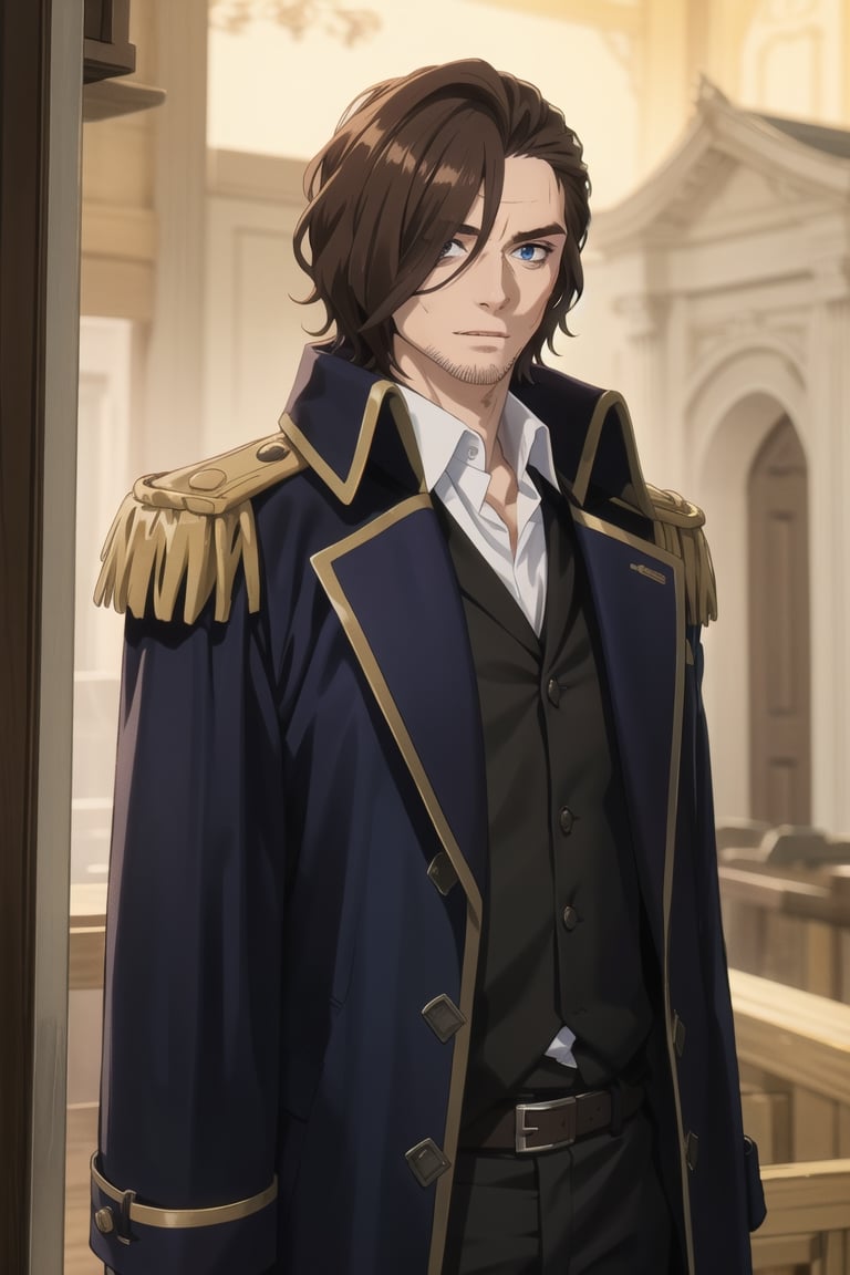 solo male, Graf Granat \(Frieren: Beyond Journey's End\), brown hair, hair parted to one side, facial hair, stubble, blue eyes, sanpaku, hair over one eye, white collared shirt, black pants, matching boots. dark blue coat, open coat, (coat over shoulders), gold epaulettes, mature, handsome, charming, alluring, standing, upper body, perfect anatomy, perfect proportions, best quality, masterpiece, high_resolution, dutch angle, cowboy shot, photo background, palace
