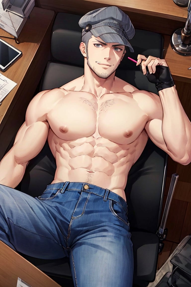 (1 image only), solo male, Munehisa Iwai,  Persona, Asian, Japanese, Weapons Dealer, grey hair, short hair, (grey pin-striped cap:1.2), stubble, grey eyes, sideburns, complete topless, bare neck, bare chest, bare belly, bare abdomen, bare shoulder, bare atms, simple blue jeans, black leather boots, mature, masculine, handsome, charming, alluring, lying on chair, (foot on desk), (holding lollipop), smirk, pov, perfect anatomy, perfect proportions, (best quality, masterpiece), (perfect eyes), high_resolution, dutch angle, [cowboy shot], weapon workshop, slight spread legs