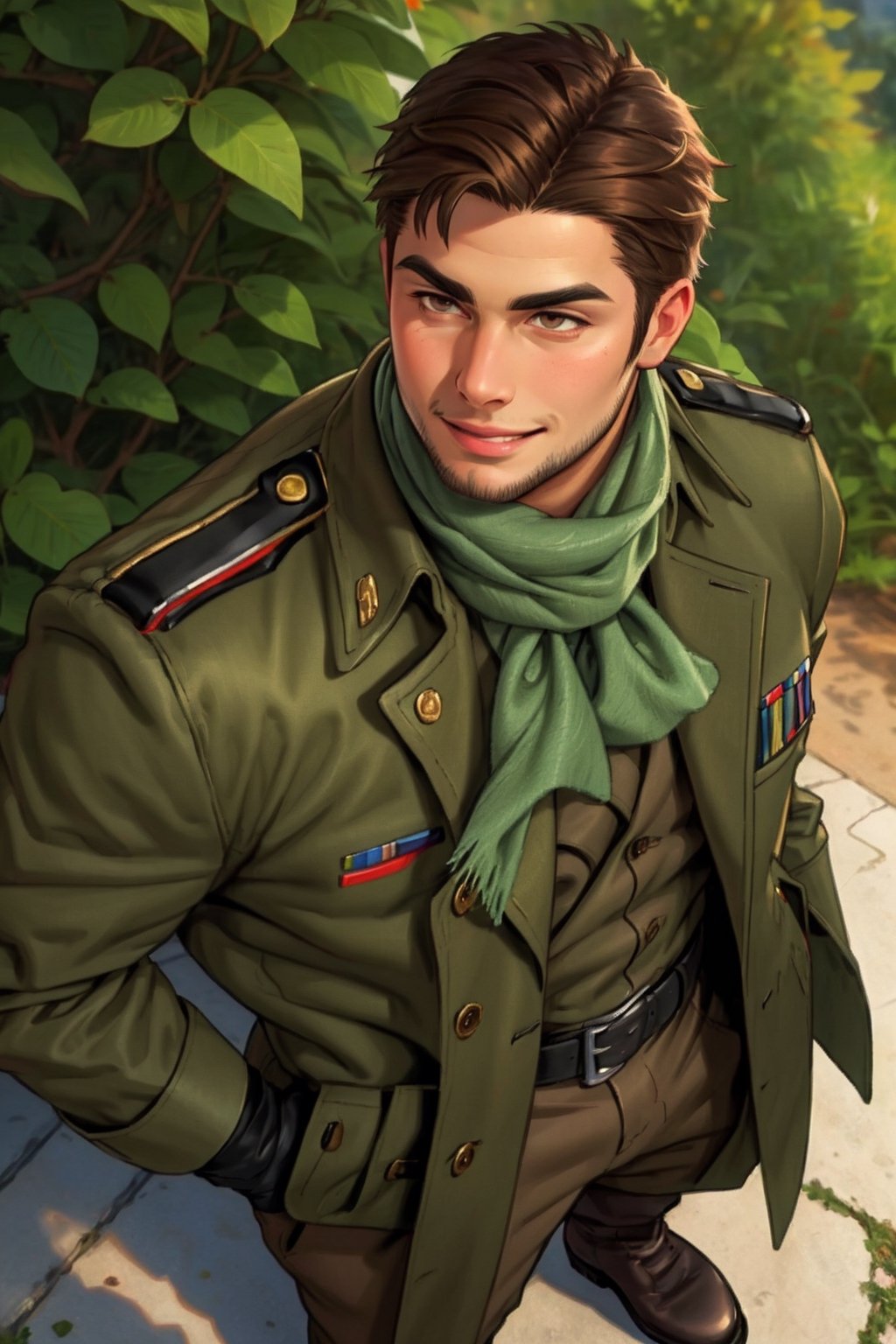 (1 image only), solo male, 1boy, Sadik Adnan, Turkey, Hetalia: Axis Powers, Turkish male, olive-skinned, facial hair, chinstrap stubble, sideburns, shaved philtrum, hairless philtrum, brown eyes, thick dark eyebrows, brown hair, short hair, long green coat, brown pants, knee-high boots, tan scarf, black gloves, grin, handsome, mature, charming, alluring, upper body in frame, perfect anatomy, perfect proportions, 8k, HQ, (best quality:1.2, hyperrealistic:1.2, photorealistic:1.2, masterpiece:1.3, madly detailed photo:1.2), (hyper-realistic lifelike texture:1.2, realistic eyes:1.2), high_resolution, perfect eye pupil, dutch angle,perfecteyes