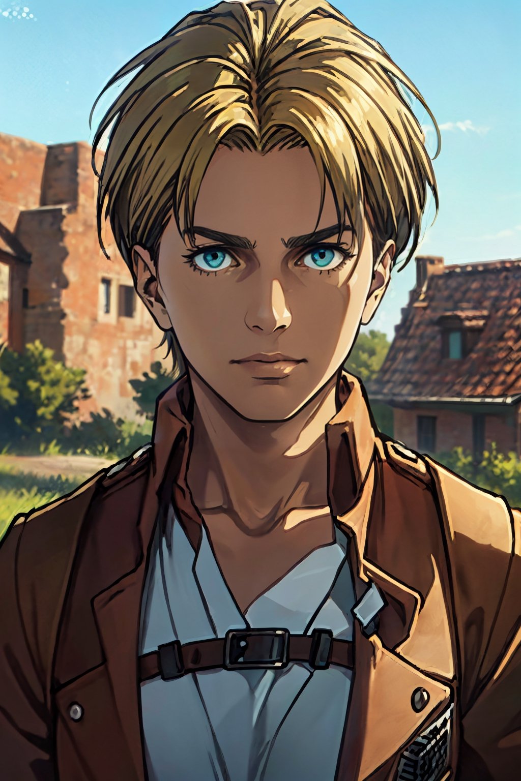 1girl, solo, Nanaba, Attack on Titan, blue eyes, wore standard Survey Corps uniform with a light-colored v-neck underneath, (blond hair) short light hair, petite build, beautiful, handsome, charming, alluring, gentle expression, soft expression, calm, smile (standing), (upper body in frame), simple background, green plains, sky, dawn light, cinematic light, perfect anatomy, perfect proportions, 8k, HQ, HD, UHD, (best quality:1.5, hyperrealistic:1.5, photorealistic:1.4, madly detailed CG unity 8k wallpaper:1.5, masterpiece:1.3, madly detailed photo:1.2), (hyper-realistic lifelike texture:1.4, realistic eyes:1.2), picture-perfect face, perfect eye pupil, detailed eyes, dynamic, dutch angle, (sode view), AttackonTitan