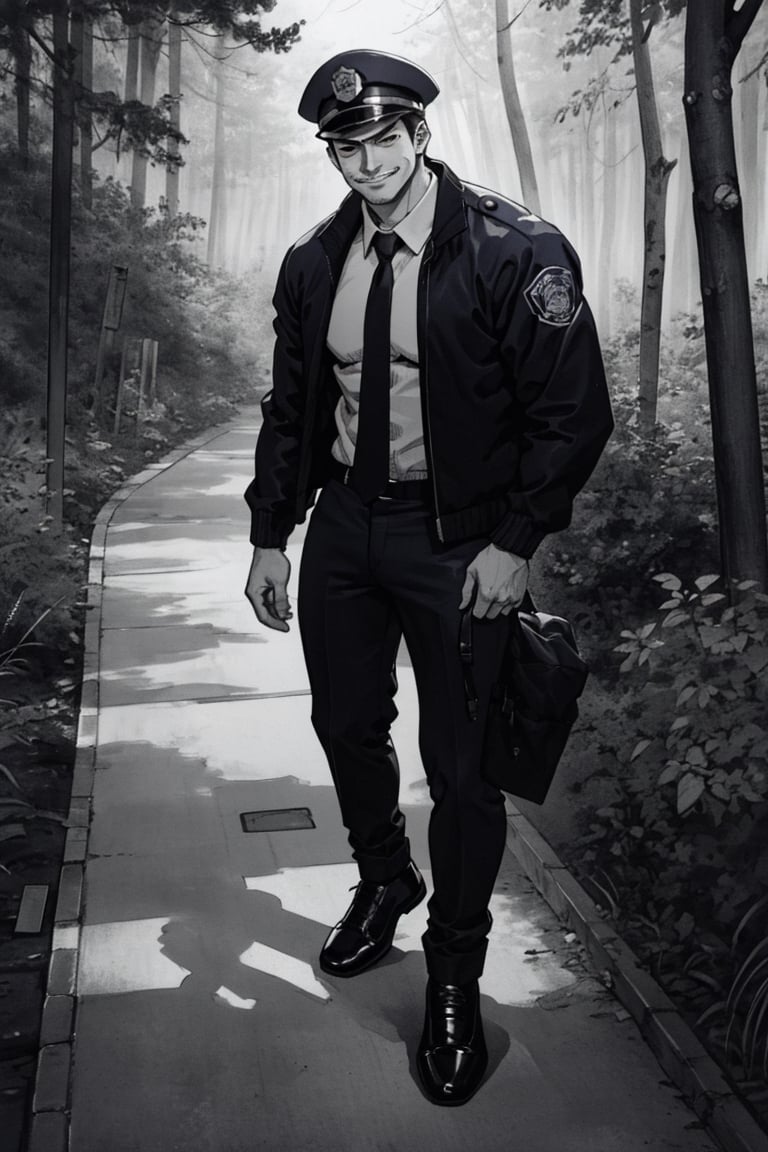 (1 image only), solo male, Agawa Daigo, Gannibal, Asian ,Japanese, black hair, short hair, thin stubble, black eyes, policeman, white collared shirt, dark blue necktie, black jacket, long sleeves, black sleeves, (buttoned up jacket), dark blue pants, black shoes, police peaked cap, (adjusting cap), mature, handsome, charming, alluring, perfect anatomy, perfect proportions,(perfect eyes), perfect hands, rural, pastoral, forest, creep, suspense, horror, manga, greyscale, monochrome, (manga brushwork style, traditional drawing),smirk,boichi manga style