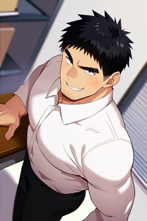 score_9, score_8_up, score_7_up, score_6_up, perfect anatomy, perfect proportions, best quality, masterpiece, high_resolution, high quality, solo male, Harumi Takeda , takeda harumi \(shiromanta\), black hair, short hair, facial hair, stubble, black eyes, thick eyebrows, sanpaku, constricted pupils, (white collared shirt), roll up sleeves, black pants, adult, mature, masculine, manly, tone, muscular, handsome, charming, alluring, standing, friendly, smile, upper body, dutch angle, cowboy shot, simple background, BREAK office, (from behind, hands on desk), backside, butt focus, butt raised, look over shoulder
