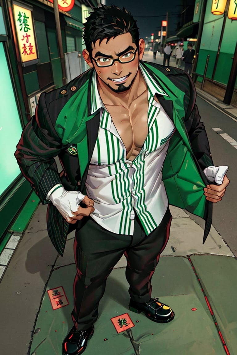 (1 image only), solo male, bara, Kyoichi Ootomo, Live A Hero, Asian, Japanese, hero, short hair, black hair, green streaked hair, sideburns, black eyes, facial hair, goatee, (wore glasses), tan skin, white bandaid on nose, glasses, (black jacket:1.3), (white/green striped collared shirt, shirt tucked in:1.3), black pants, white gloves, black leather shoes, smile, blush, mature, handsome, charming, alluring, standing, upper body, perfect anatomy, perfect proportions, (best quality, masterpiece), (perfect eyes, perfect eye pupil), perfect hands, high_resolution, dutch angle, night at Tokyo city street