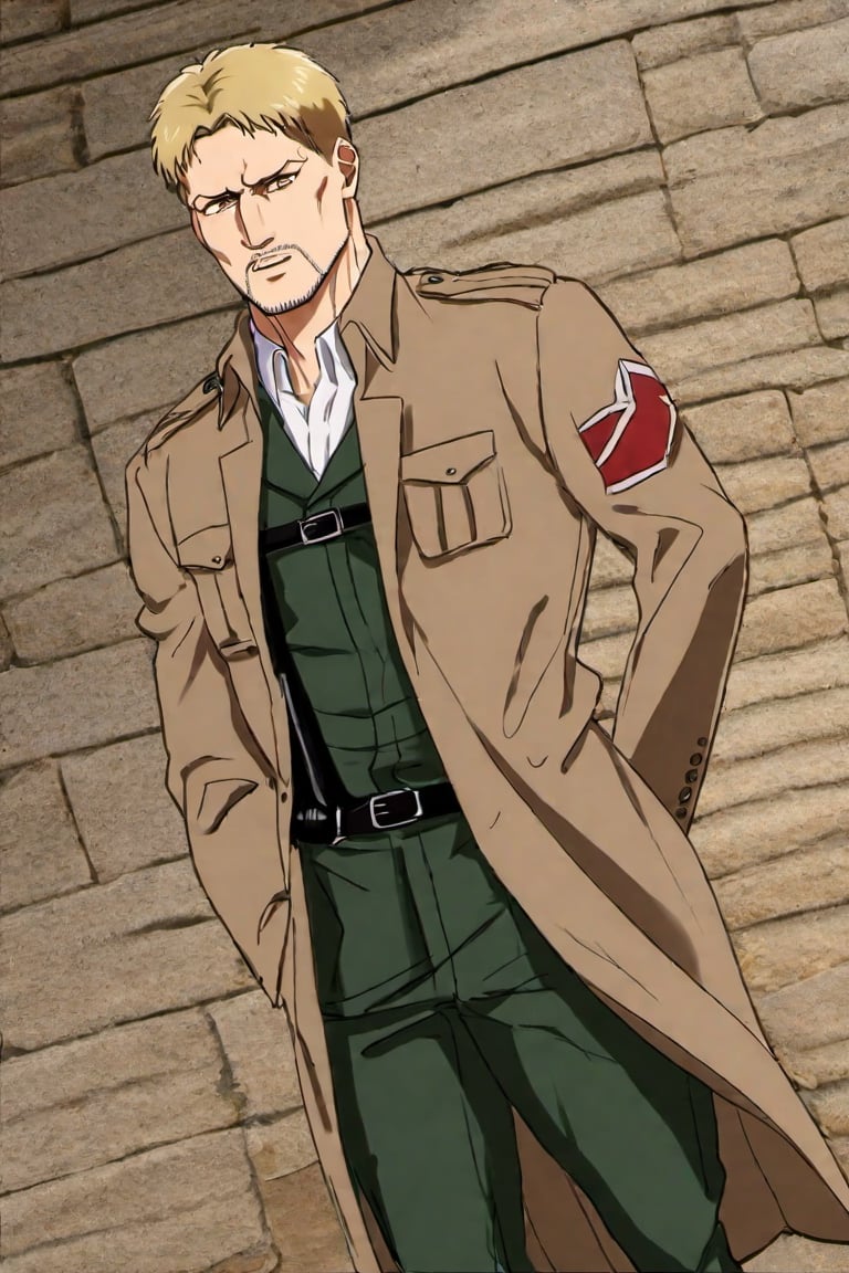 solo male, Reiner Braun, Attack on Titan, blond hair, short hair, facial hair, stubble, hazel eyes, tall, Marleyan soldier uniform, white collared shirt, light-brown trench coat, (open coat:1.1), military green pants, black combat boots,  handsome, charming, alluring, standing, upper body, perfect anatomy, perfect proportions, best quality, masterpiece, high_resolution, dutch angle, cowboy shot, photo background