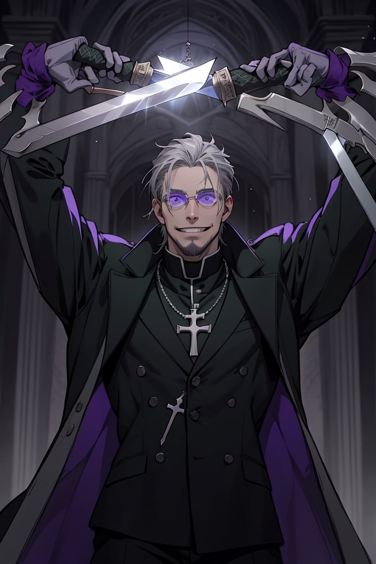 solo male, Alexander Anderson, Hellsing, Catholic priest, short silver-blond hair, green eyes, tanned skin, defined squared jaw, light facial hair, wedge-shaped scar on left cheek, round glasses, black clerical collar shirt with blue trim, black trousers, black boot, (open purple-ish grey coat:1.2), open coat, white gloves, silver cross necklace, (single silver cross), mature, middle-aged, imposing, tall, handsome, charming, alluring, evil grin, upper body, perfect anatomy, perfect proportions, best quality, masterpiece, high_resolution, dutch angle, cowboy shot, photo background, Vatican City, fighting stance, (dual wielding, holding swords)