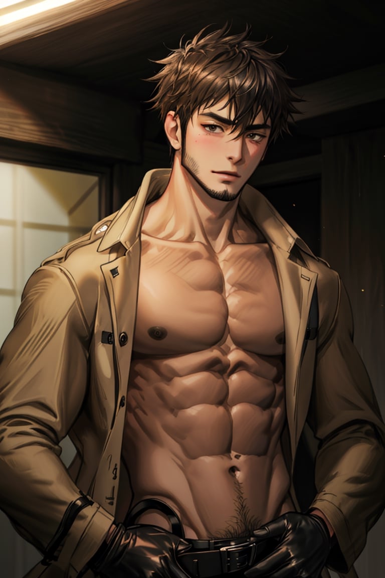 solo male, Genma Shizume, Asian, Japanese, black hair, chinstrap beard, sideburns, black eyes, calm eyes, slitty eyes, intense gaze, blush, shy,  (topless, bare chest, bare neck, bare belly, bare abdomen), (light brown trench coat, open trench coat:1.2), black pants, black gloves, mature, masculine, handsome, charming, allurin, smile, upper body, perfect anatomy, perfect proportions, (best quality, masterpiece, high_resolution:1.3), (perfect eyes, perfecteyes:1.3),perfecteyes,1boy