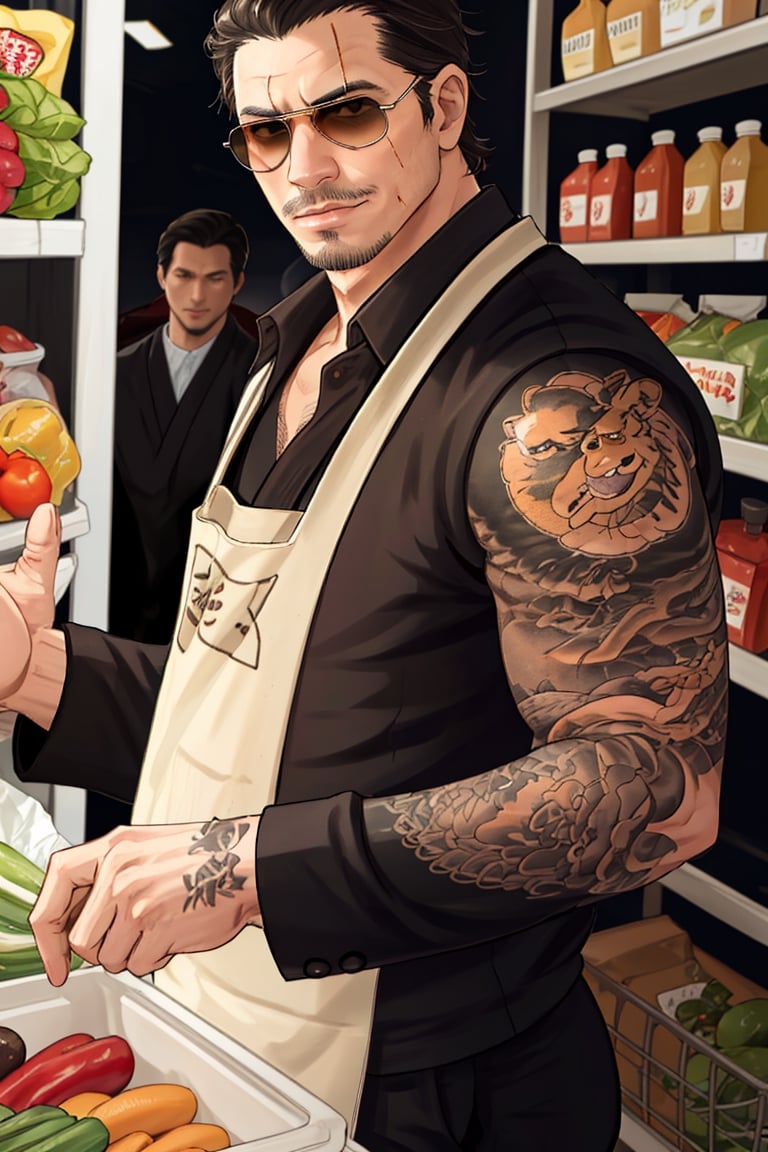 solo male, Tatsu, Japanese, househusband, yakuza, tattoos on body, black hair, slicked back hair, stubble, dark brown eyes, scar on face, casual-formal wear, dark collared shirt, black jacket, long sleeves, black pants, cream-colored apron, (aviator sunglasses), black shoes, toned male, mature, handsome, charming, alluring, smirk, upper body, perfect anatomy, perfect proportions, best quality, masterpiece, high_resolution, dutch angle, photo background, grocery store, vegetable, fruit, bright background