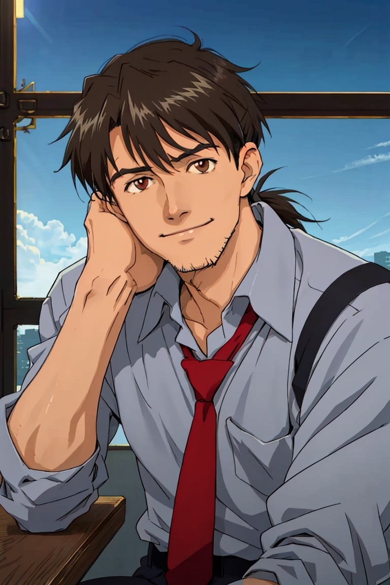 (1 image only), solo male, Ryoji Kaji, Neon Genesis Evangelion, Asian, Japanese, dark brown hair, bangs, short ponytail, dark brown eyes, (thin stubble), blue collared shirt, red sleeves rolled up, necktie, black pants, smile, (mature, masculine), handsome, charming, alluring, (head rest), pov, upper body, table, perfect anatomy, perfect proportions, 2D, anime, (best quality, masterpiece), ((perfect eyes, perfect eye pupil)), perfect hands, high_resolution, dutch angle