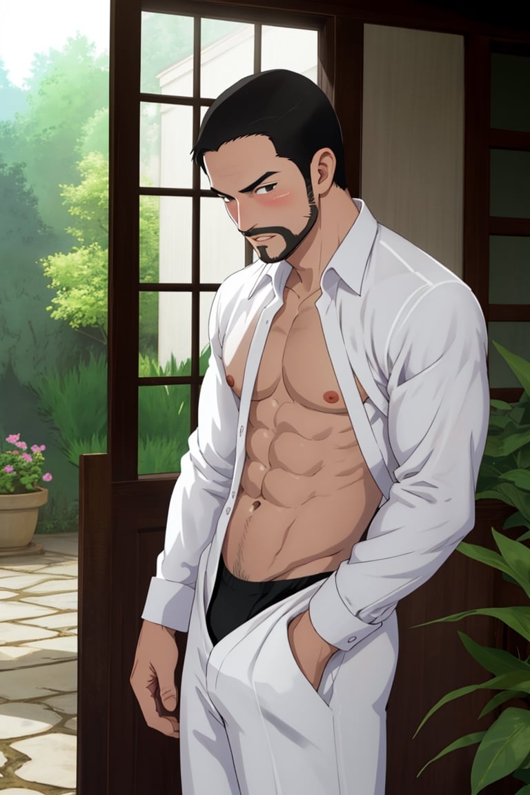 solo male, Maeda, Asobi Asobase, butler, black hair, short hair, black eyes, facial hair, white collared shirt, (open shirt, bare neck, bare chest, bare belly), dark blue pants, mature, handsome, charming, alluring, blush, calm, polite, standing, upper body, perfect anatomy, perfect proportions, best quality, masterpiece, high_resolution, cowboy shot, mansion garden, photo background , view from front 
