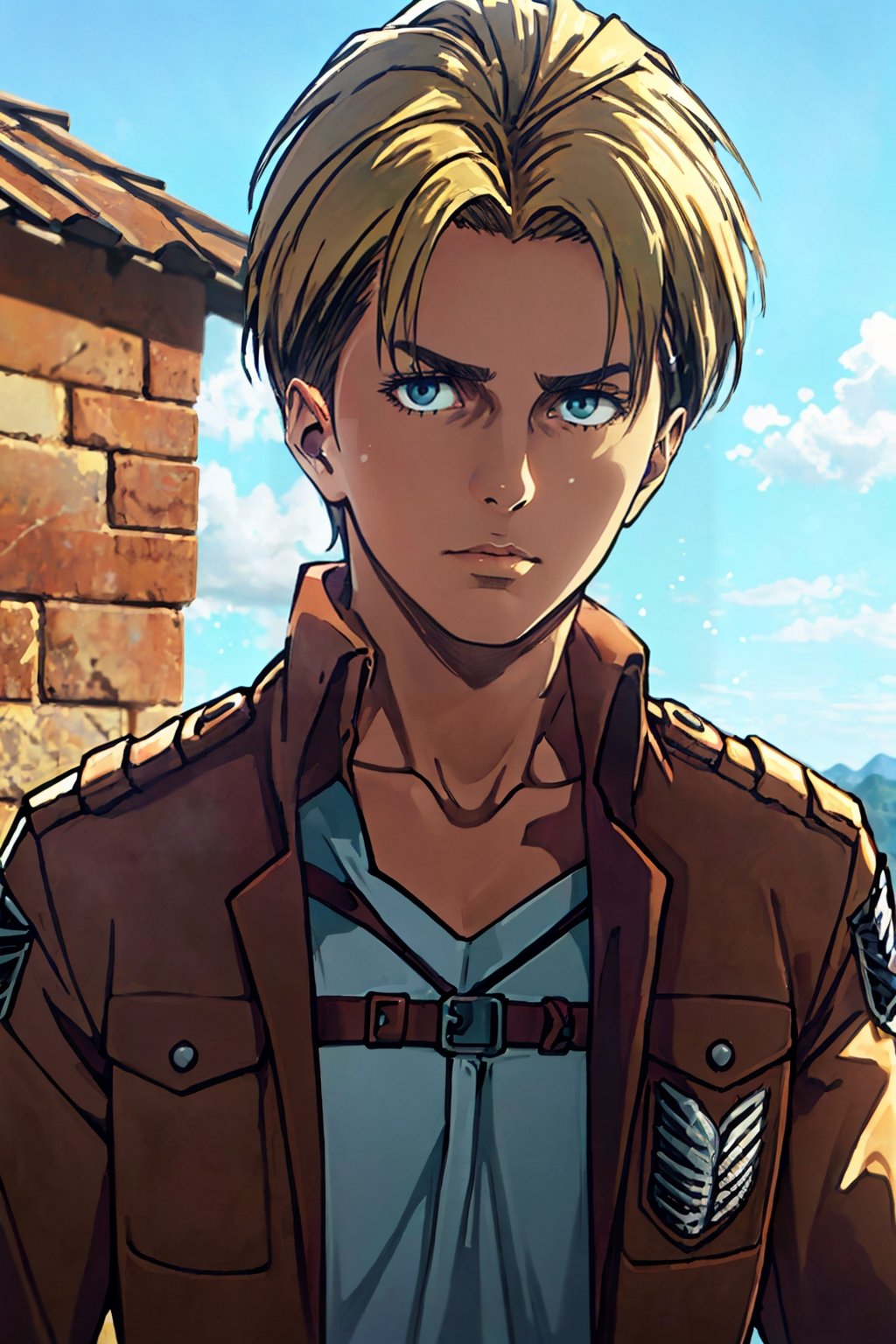 1girl, solo, Nanaba, Attack on Titan, blue eyes, wore standard Survey Corps uniform with a light-colored v-neck underneath, short light hair, petite build, calm, beautiful, handsome, charming, alluring, gentle expression, soft expression, (standing), (upper body in frame), simple background, green plains, cloudy blue sky, cinematic light, perfect anatomy, perfect proportions, 8k, HQ, HD, UHD, (best quality:1.5, hyperrealistic:1.5, photorealistic:1.4, madly detailed CG unity 8k wallpaper:1.5, masterpiece:1.3, madly detailed photo:1.2), (hyper-realistic lifelike texture:1.4, realistic eyes:1.2), picture-perfect face, perfect eye pupil, detailed eyes, portrait, dynamic, cinematic ,Masterpiece