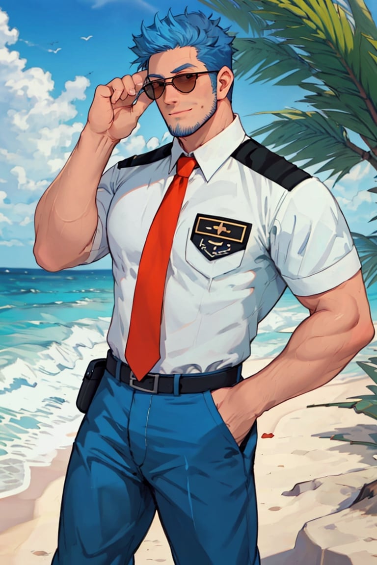 (1 image only), solo male, Wilbur, Animal Crossing, personification, pure blue hair, short hair, black eyes, blue facial hair, jawline stubble, aviation pilot uniform, white collor shirt, red necktie, epaulette, aviator sunglasses, blue pants, socks, black footwear, bandaid on nose, mature, dilf, bara, handsome, charming, alluring, grin, standing, upper body, hand in pocket, perfect anatomy, perfect proportions, (best quality, masterpiece), (perfect eyes, perfect eye pupil), perfect hands, high_resolution, dutch angle, cowboy shot, seaside, summer