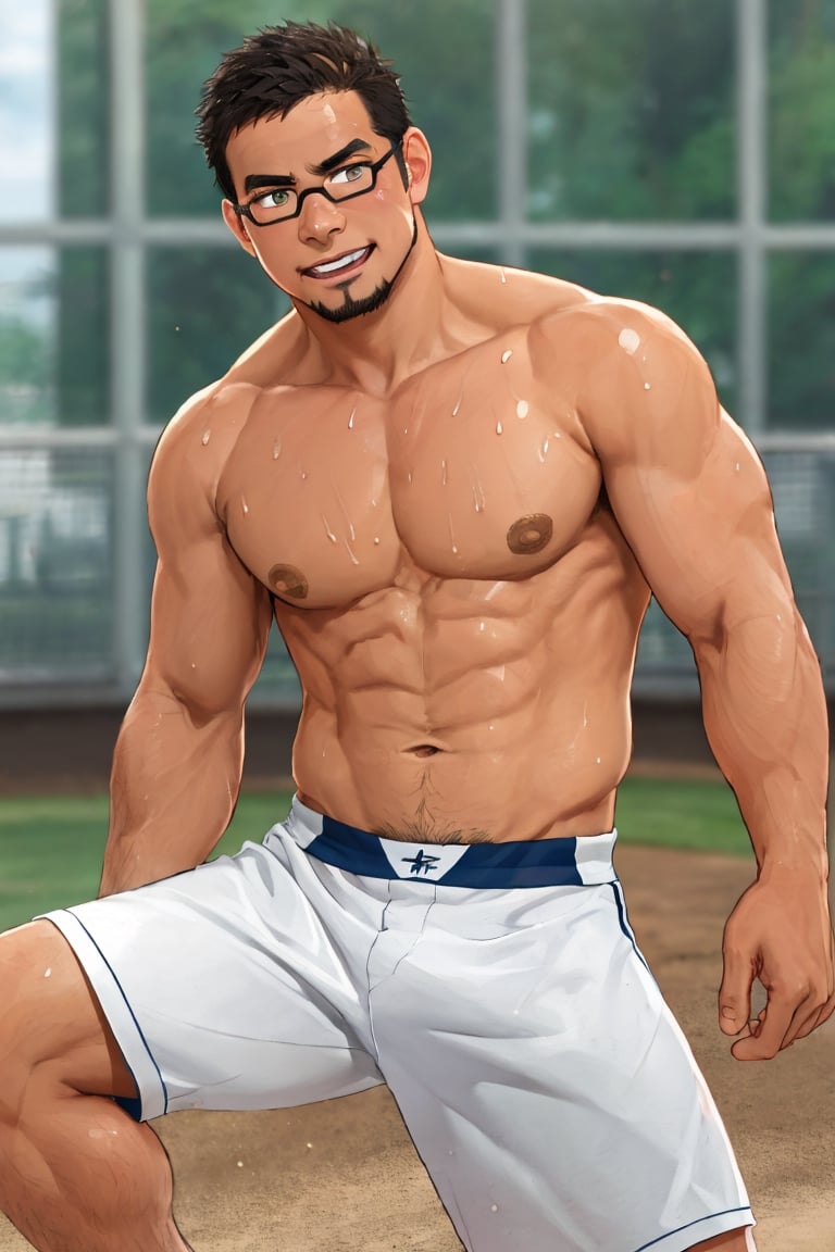 (1 image only), solo male, bara, Kyoichi Ootomo, Live A Hero, Asian, Japanese, hero, short hair, black hair, green streaked hair, sideburns, black eyes, facial hair, goatee, (wore glasses), tan skin, white bandaid on nose, glasses, (complete topless, shirtless), bare chest, bare shoulder, bare neck, bare arms, white baseball pants, shy, blush, smile, mature, handsome, charming, alluring, standing, perfect anatomy, perfect proportions, (best quality, masterpiece), (perfect eyes, perfect eye pupil:1.2), perfect hands, high_resolution, dutch angle, Baseball Players,Baseball Players, baseball field, sweaty skin, shiny skin, fighting_stance, competitive photo, studio photoshoot,masterpiece