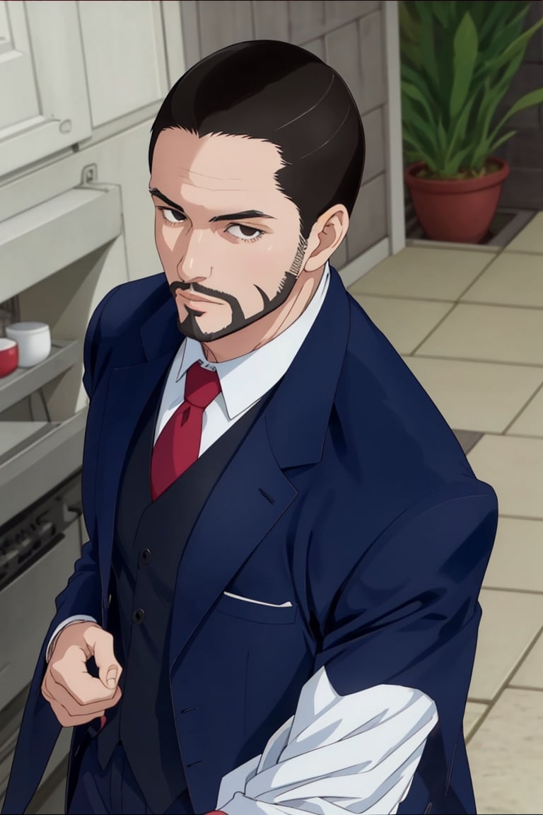 solo male, Maeda, Asobi Asobase, butler, black hair, short hair, black eyes, facial hair, dark blue 3 Piece Suit, formal, white collared shirt, red necktie, (dark blue vest),  dark blue jacket, dark blue pants, mature, handsome, charming, alluring, calm, polite, (close-up, portrait), perfect anatomy, perfect proportions, best quality, masterpiece, high_resolution, (front view, looking_at_viewer)