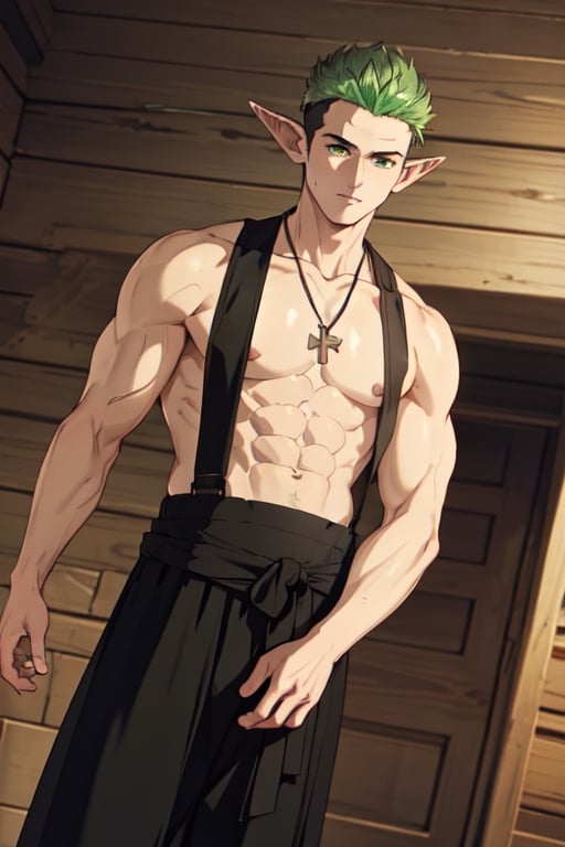 solo male, Kraft\(Frieren: Beyond Journey's End\), elf, masculine, manly, clergy, (olive green hair), short hair, undercut, multicolored hair, green eyes, pointed ears, BREAK (black above-knee-length-cassock, black cassock, open cassock, open clothing, collarbone, abs, pecs), (wide black pants), (cream-colored-clergy-stole:1.3), (white puttee\(legwraps\):1.2), brown shoes, necklace, mature, handsome, charming, alluring, standing, upper body, perfect anatomy, perfect proportions, best quality, masterpiece, high_resolution, dutch angle, cowboy shot, photo background