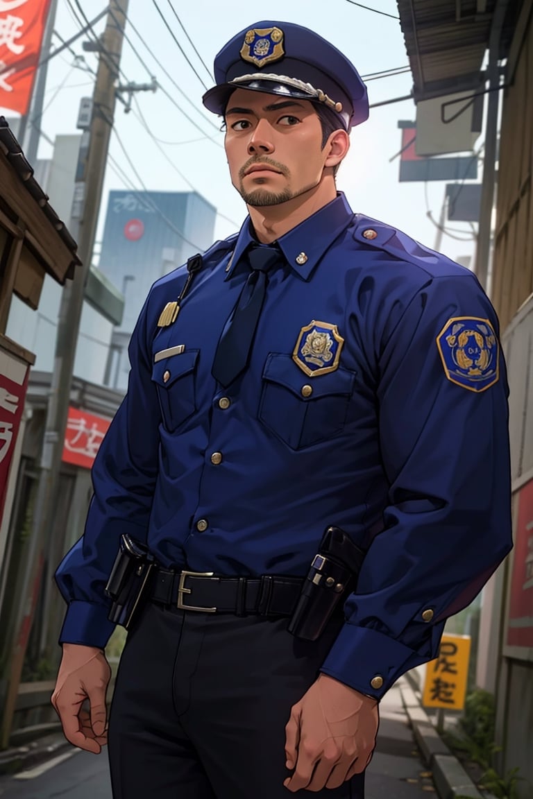 (1 image only), solo male, Agawa Daigo, Gannibal, Asian ,Japanese, black hair, short hair, stubble, black eyes, policeman, white collared shirt, dark blue necktie, black jacket, dark blue pants, black shoes, Japanese police peaked cap, mature, handsome, charming, alluring, standing, upper body, perfect anatomy, perfect proportions, (best quality, masterpiece), (perfect eyes), perfect hands, high_resolution, dutch angle, cowboy shot  
