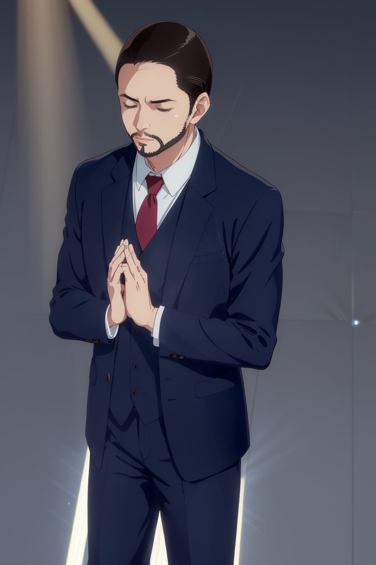 solo male, Maeda, Asobi Asobase, butler, black hair, short hair, black eyes, facial hair, dark blue 3 Piece Suit, formal, white collared shirt, red necktie, dark blue vest, dark blue jacket, dark blue pants, mature, handsome, charming, alluring, calm, polite, standing, upper body, perfect anatomy, perfect proportions, best quality, masterpiece, high_resolution, cowboy shot, (simple background), ((light rays, holy lights from above)), closed eyes, ((folding hands together, Añjali Mudrā hands gesture)), view from front 
