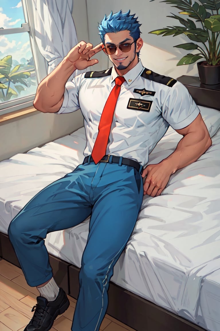 (1 image only), solo male, Wilbur, Animal Crossing, personification, pure blue hair, short hair, black eyes, blue facial hair, jawline stubble, aviation pilot uniform, white collor shirt, red necktie, epaulette, aviator sunglasses, blue pants, socks, black footwear, mature, bara, handsome, charming, alluring, grin, (complete laying on bed, on back, 2 arm rised), perfect anatomy, perfect proportions, (best quality, masterpiece), (perfect eyes, perfect eye pupil), perfect hands, high_resolution, indoor, perfect light