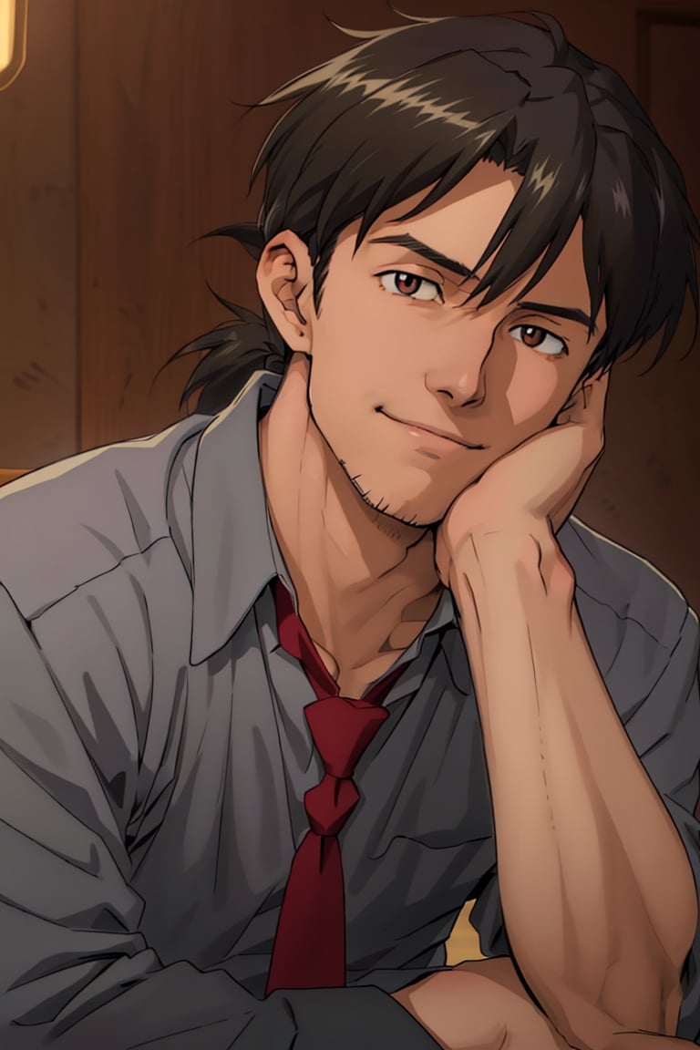 (1 image only), solo male, Ryoji Kaji, Neon Genesis Evangelion, Asian, Japanese, dark brown hair, bangs, short ponytail, dark brown eyes, (thin stubble), blue collared shirt, red sleeves rolled up, necktie, black pants, smile, (mature, masculine), handsome, charming, alluring, (head rest), pov, upper body, table, perfect anatomy, perfect proportions, 2D, anime, (best quality, masterpiece), ((perfect eyes, perfect eye pupil)), perfect hands, high_resolution, dutch angle