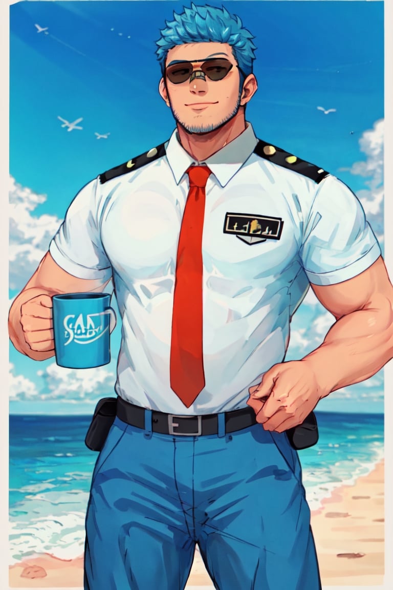 (1 image only), solo male, Wilbur, Animal Crossing, personification, blue hair, short hair, blue facial hair, jawline stubble, black eyes, (aviator sunglasses), aviation pilot uniform, white collor shirt, red necktie, epaulette, blue pants, socks, black footwear, mature, bara, handsome, charming, alluring, smile, standing, upper body, perfect anatomy, perfect proportions, (best quality, masterpiece), (perfect eyes, perfect eye pupil), perfect hands, high_resolution, dutch angle, cowboy shot, seaside, summer, hand up, holding mug cup
