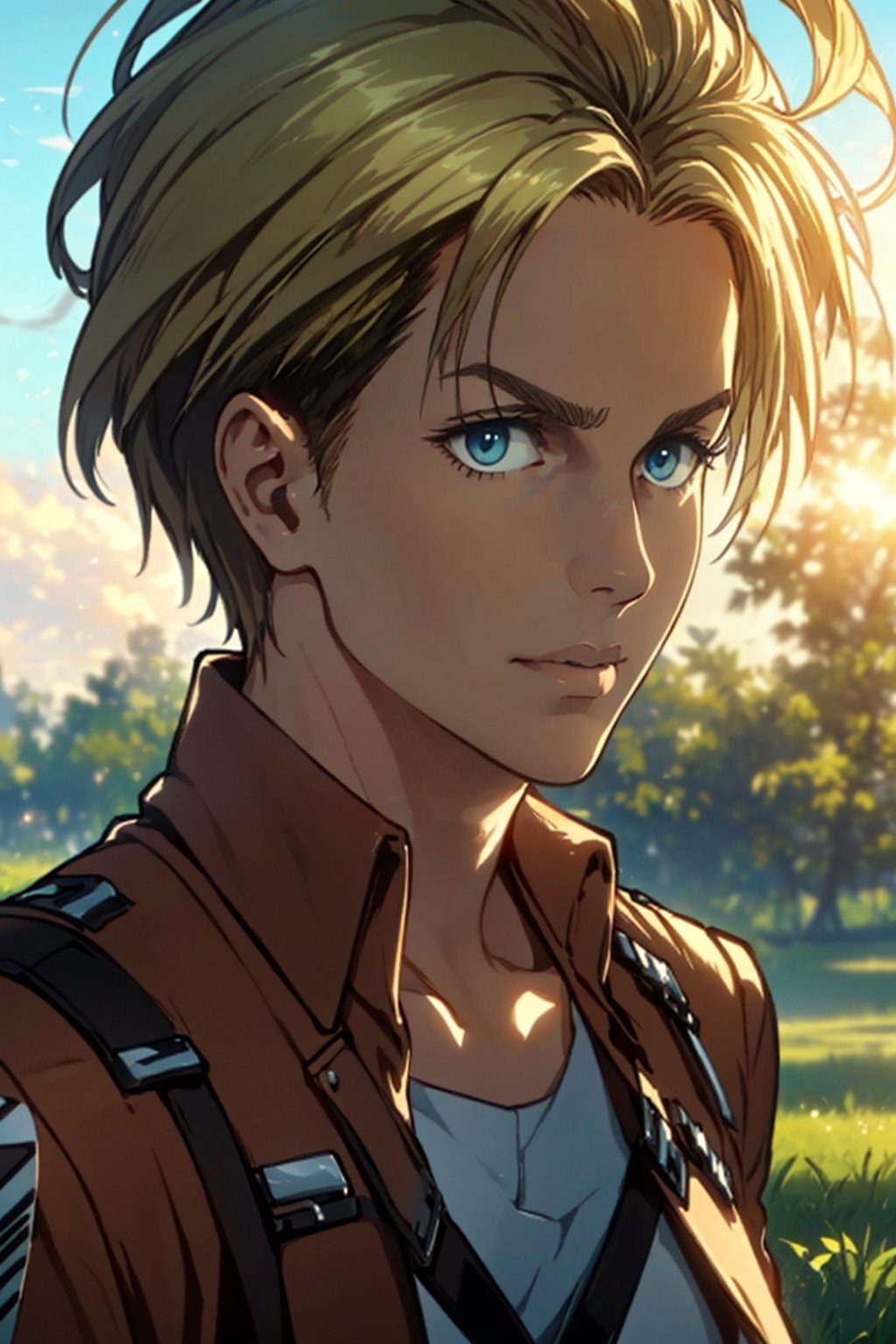 1girl, solo, Nanaba, Attack on Titan, blue eyes, wore standard Survey Corps uniform with a light-colored v-neck underneath, (blond hair) short light hair, petite build, beautiful, handsome female, charming, alluring, gentle expression, soft expression, calm, smile (standing), (upper body in frame), simple background, green plains, sky, dawn light, cinematic light, perfect anatomy, perfect proportions, 8k, HQ, HD, UHD, (best quality:1.5, hyperrealistic:1.5, photorealistic:1.4, madly detailed CG unity 8k wallpaper:1.5, masterpiece:1.3, madly detailed photo:1.2), (hyper-realistic lifelike texture:1.4, realistic eyes:1.2), picture-perfect face, perfect eye pupil, detailed eyes, dynamic, (dutch angle), (facing sunlight:1.5), (side view), AttackonTitan,perfecteyes, Nanaba ,1 girl